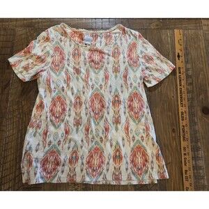Chicos Sz 0 Ikat Button-Back Cotton Blend Slub Tee Top Short Sleeve Casual